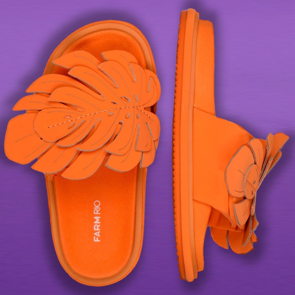 FARM RIO Orange Monstera Anatomic Slide Sandal.